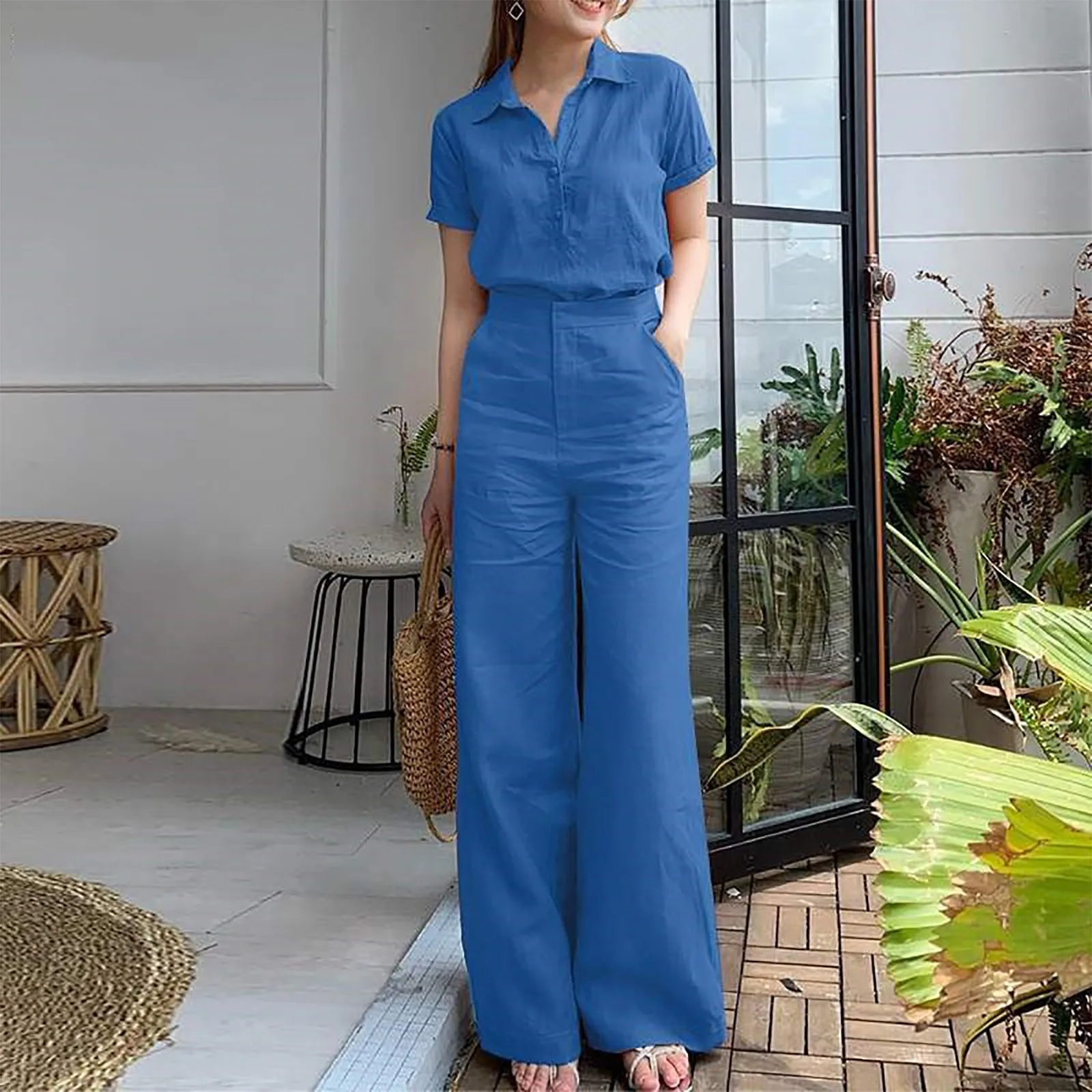 Casual Women Matching Outfit OL Work Outfits Lapel Solid Color Short Sleeved Top Wide Leg Pants Set Lady Office Suit
Casual Women Matching Outfit OL Work Outfits Lapel Solid Color Short Sleeved Top Wide Leg Pants Set Lady Office Suit