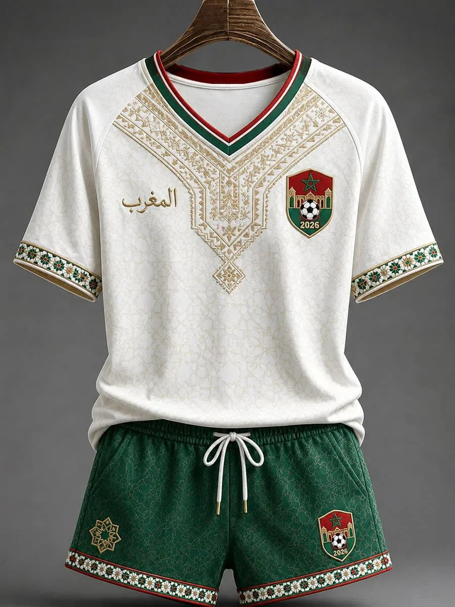 White Red Morocco New Football Jersey Shorts Set Arabic Geometric Print V Neck Quick Dry Soccer Training Kit Male Supporters
White Red Morocco New Football Jersey Shorts Set Arabic Geometric Print V Neck Quick Dry Soccer Training Kit Male Supporters