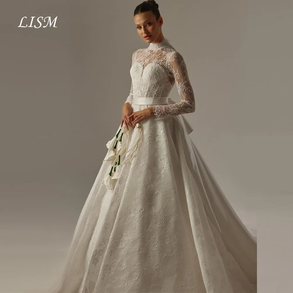 LISM High Neck A-Line Wedding Dresses Lace Satin Silk Full Sleeves Elegant Long Bridal Gowns Luxury Customized Robe de mariée
LISM High Neck A-Line Wedding Dresses Lace Satin Silk Full Sleeves Elegant Long Bridal Gowns Luxury Customized Robe de mariée