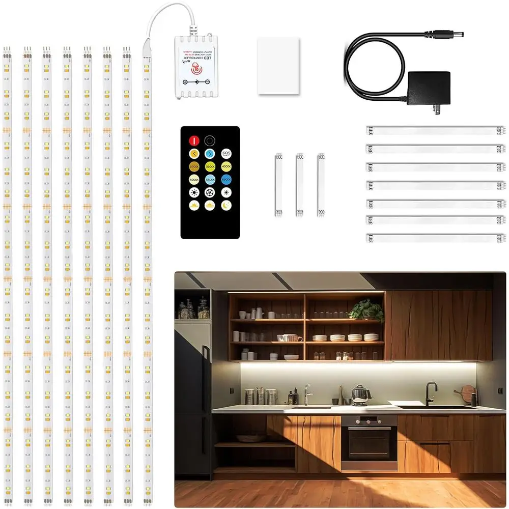 Flexible LED Strip Lights Kit, Under Cabinet Lighting with Remote, 13.2ft, 2700K-6500K Adjustable, Suitable for Kitchen Cabinets
Flexible LED Strip Lights Kit, Under Cabinet Lighting with Remote, 13.2ft, 2700K-6500K Adjustable, Suitable for Kitchen Cabinets