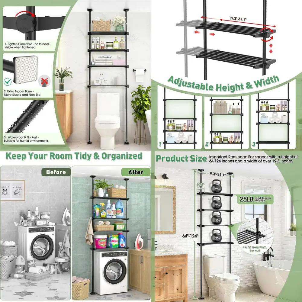 4-Tier Adjustable Over Toilet Storage Organizer, Tension-Mounted, Space-Saving for Small Bathrooms, Black
4-Tier Adjustable Over Toilet Storage Organizer, Tension-Mounted, Space-Saving for Small Bathrooms, Black