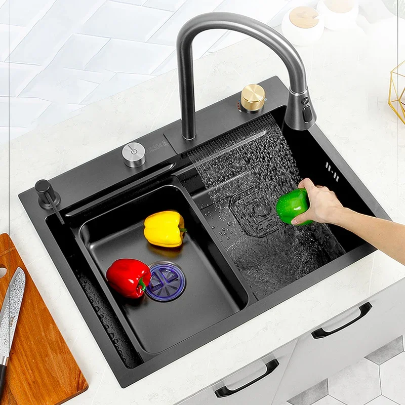 Black Nano Kitchen Sink 304 Stainless Steel Waterfall Sink Basin Large Single Slot With Waterfall Faucet For Kitchen Renovation
Black Nano Kitchen Sink 304 Stainless Steel Waterfall Sink Basin Large Single Slot With Waterfall Faucet For Kitchen Renovation