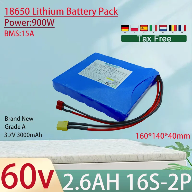 60V 2.6Ah 18650 li-ion battery pack 16S1P 2600mAh 156WH for Electric unicycle electric scooters balance car Rechargeable battery
60V 2.6Ah 18650 li-ion battery pack 16S1P 2600mAh 156WH for Electric unicycle electric scooters balance car Rechargeable battery