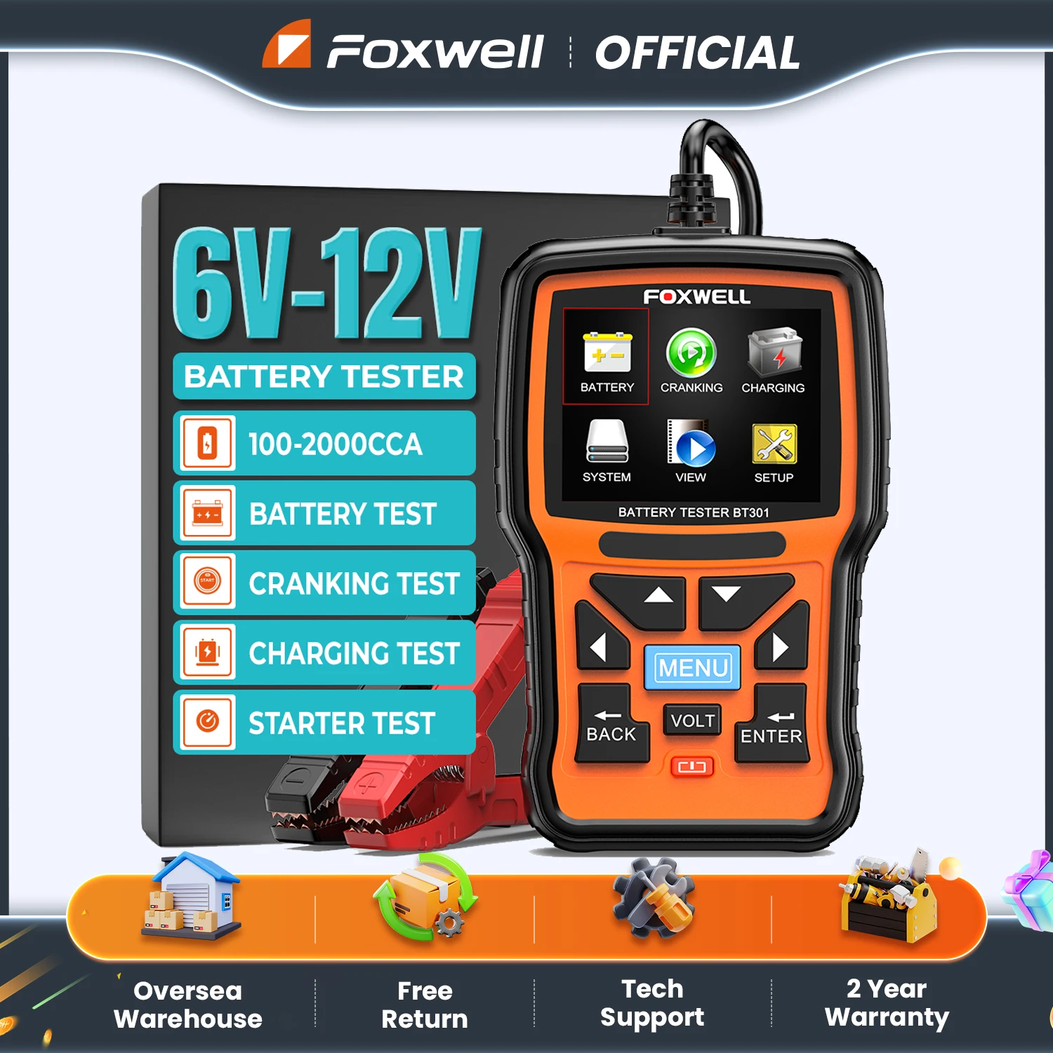 FOXWELL BT301 Car Battery Tester 6V 12V 100-2000CCA Battery Health Analyzer Tool Starter Cranking Charging System Digital Test
FOXWELL BT301 Car Battery Tester 6V 12V 100-2000CCA Battery Health Analyzer Tool Starter Cranking Charging System Digital Test