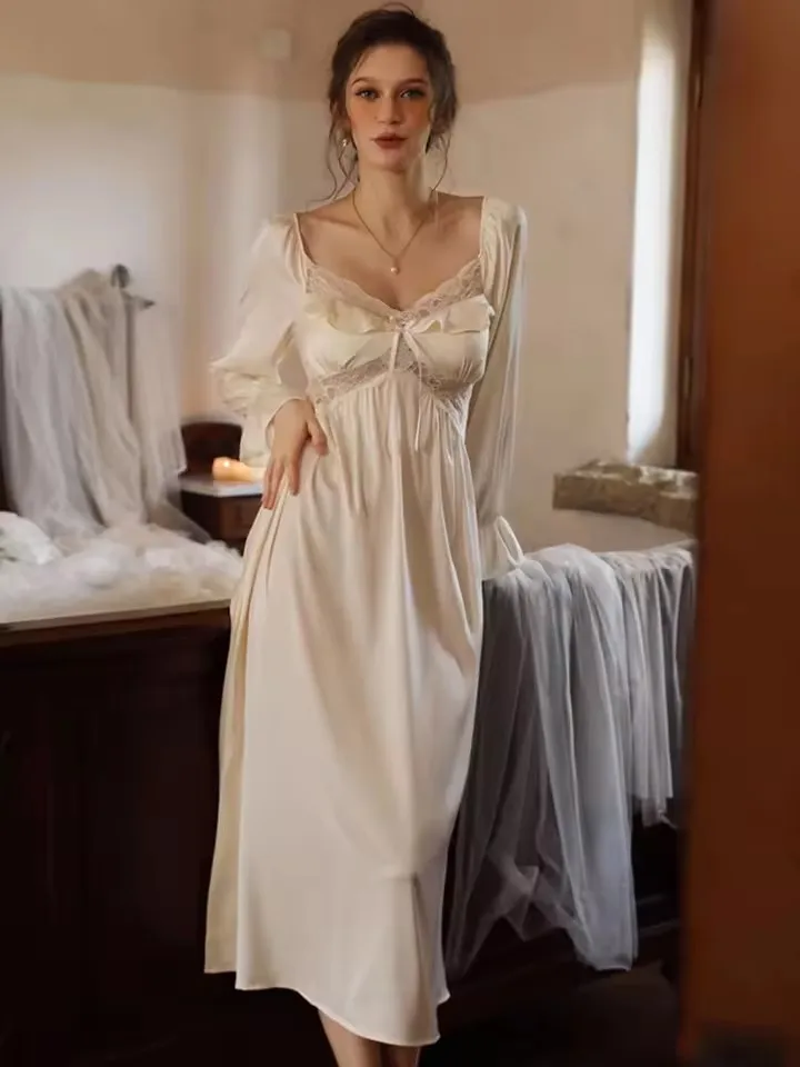 Women Nightgown French New Autumn Long Ice Silk Nightdress Long Sleeve with Chest Pad Pajamas Can Be Worn Thin Loose Home Cloth
Women Nightgown French New Autumn Long Ice Silk Nightdress Long Sleeve with Chest Pad Pajamas Can Be Worn Thin Loose Home Cloth