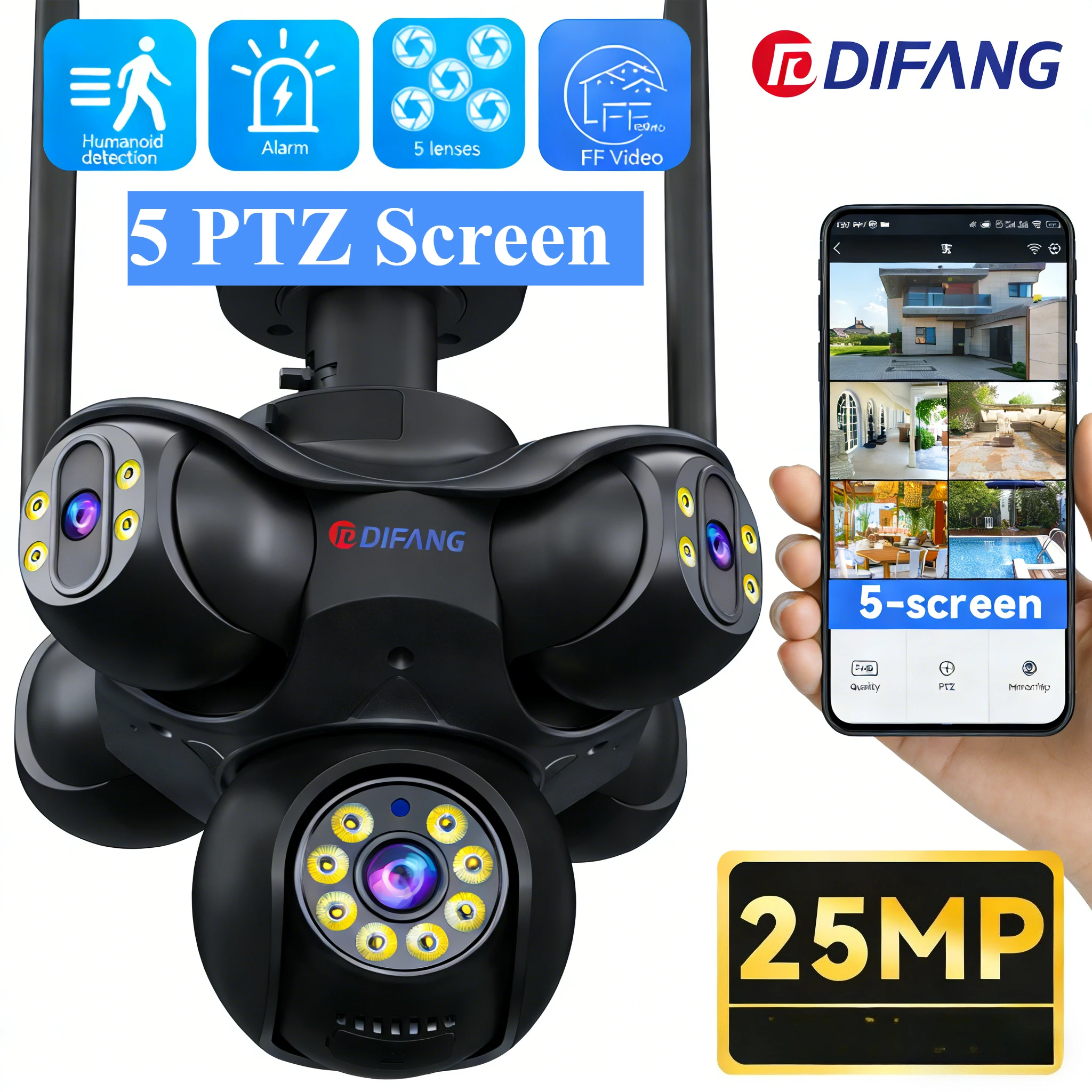 25MP 5 Screen PTZ Security Camera 720° Five Lens WiFi CCTV Camera Outdoor Waterproof HD Video Surveillance Cam for Home Security
25MP 5 Screen PTZ Security Camera 720° Five Lens WiFi CCTV Camera Outdoor Waterproof HD Video Surveillance Cam for Home Security