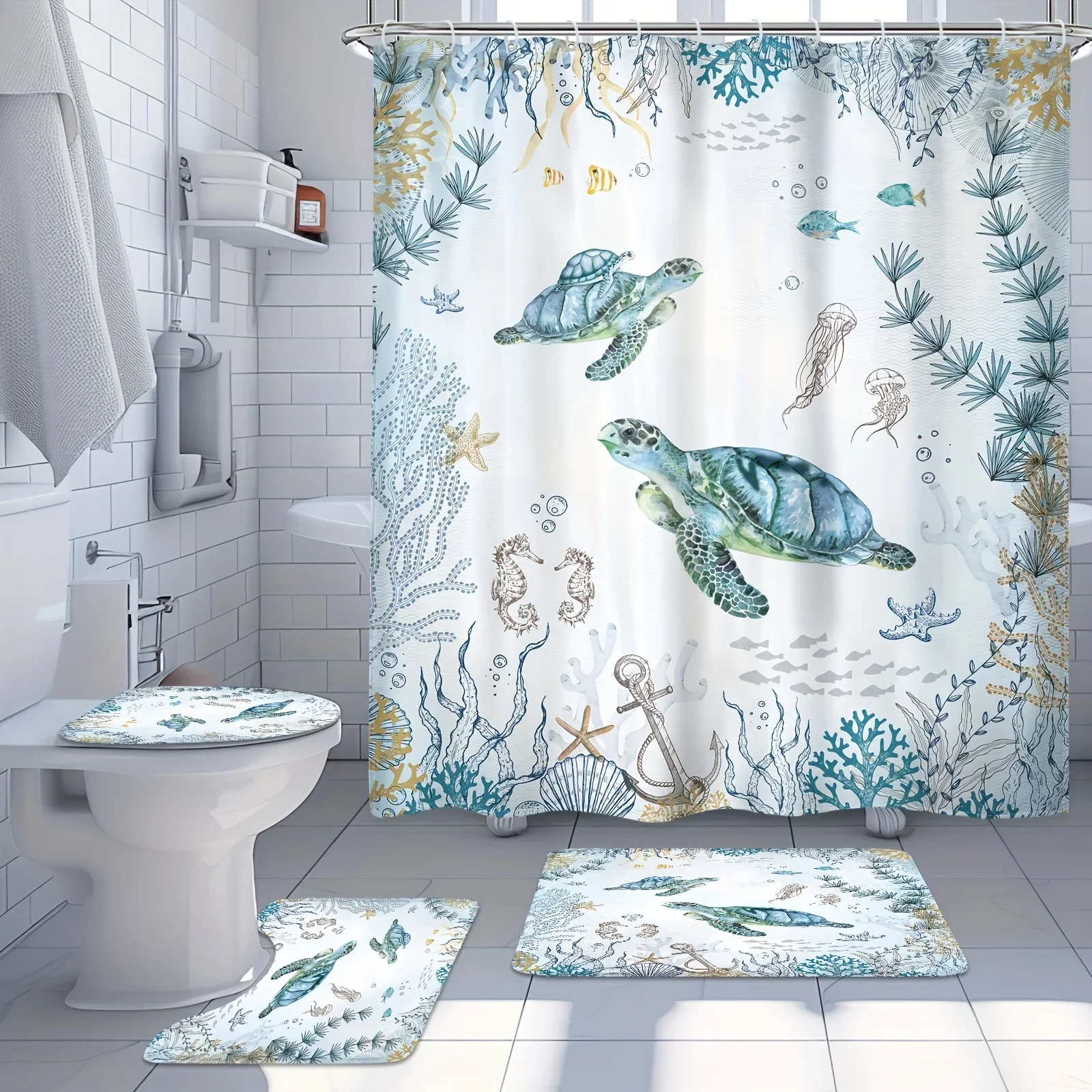 Набор из 4 предметов для ванной комнаты - синий, зеленый, океан, пляж, побережье, морские рыбные растения, коралловый океан, крючок с принтом животных, нескользящий коврик, U-образный коврик
Набор из 4 предметов для ванной комнаты - синий, зеленый, океан, пляж, побережье, морские рыбные растения, коралловый океан, крючок с принтом животных, нескользящий коврик, U-образный коврик
