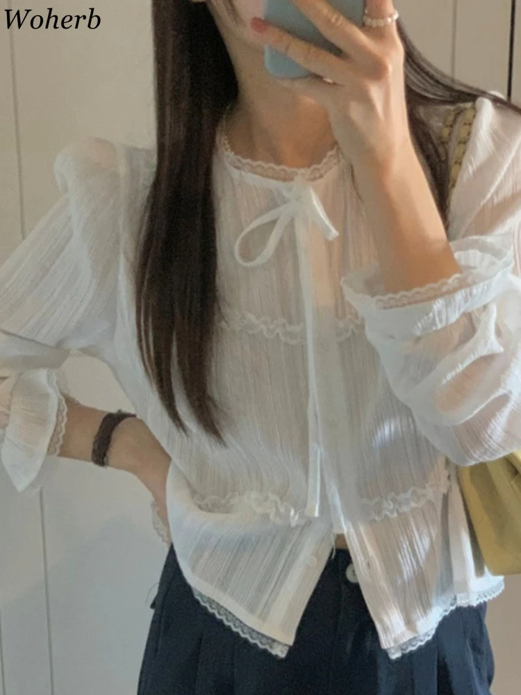 White Bandage Blouses for Women O-neck Puff Sleeve Slim Waist Shirts 2025 Blusas Mujer De Moda Sweet Lace Patchwork Blouse Tops
White Bandage Blouses for Women O-neck Puff Sleeve Slim Waist Shirts 2025 Blusas Mujer De Moda Sweet Lace Patchwork Blouse Tops