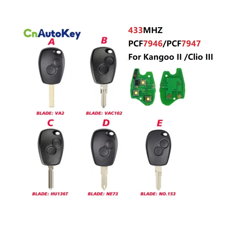 CN010025 Aftermarket 433MHz PCF7946 PCF7947 2 Buttons Remote Control Key For Kangoo II /Clio III Three Models Keys Blades
CN010025 Aftermarket 433MHz PCF7946 PCF7947 2 Buttons Remote Control Key For Kangoo II /Clio III Three Models Keys Blades