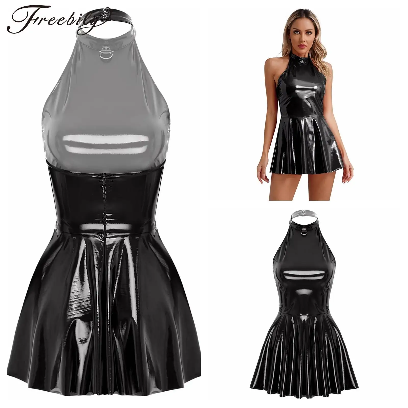 Womens Glossy Dress Wet Look Patent Leather Clubwear Halter Sleeveless Mini Dress Rave Clubbing Disco Sexy Nightclub Dress
Womens Glossy Dress Wet Look Patent Leather Clubwear Halter Sleeveless Mini Dress Rave Clubbing Disco Sexy Nightclub Dress