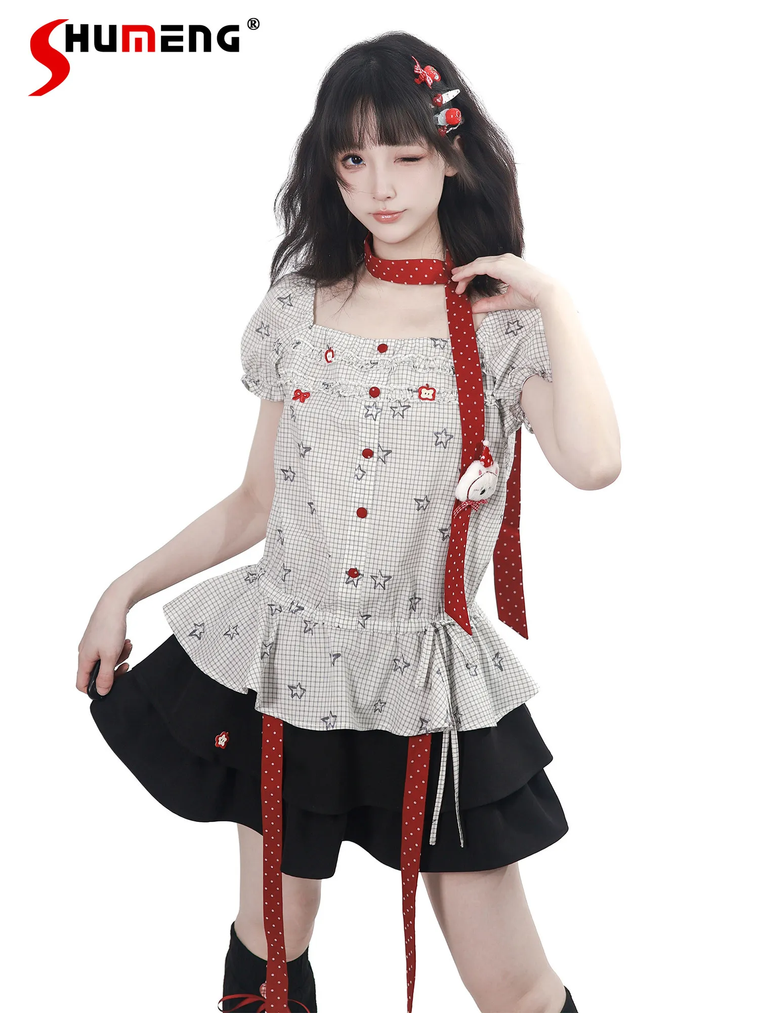 Original Fashion Highstreet Doll Collar Short Sleeve Single-breasted Plaid Shirt Elastic High Waist Lace-up Bow Skirt Sets Women
Original Fashion Highstreet Doll Collar Short Sleeve Single-breasted Plaid Shirt Elastic High Waist Lace-up Bow Skirt Sets Women