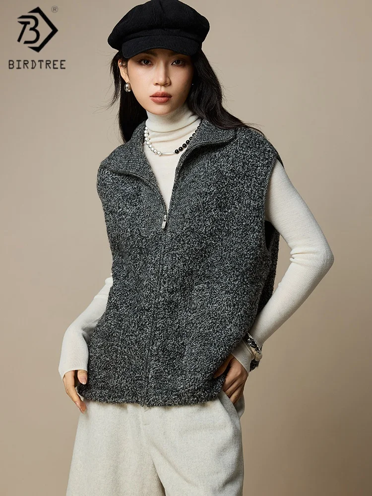 Birdtree,100% Sheep Wool Solid Knitted Vest,Women Lapel Zipper Sleeveless Casual Tops,2025 Autumn/Winter Warmth Vests T5O008JF
Birdtree,100% Sheep Wool Solid Knitted Vest,Women Lapel Zipper Sleeveless Casual Tops,2025 Autumn/Winter Warmth Vests T5O008JF