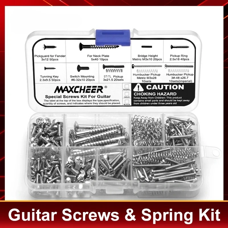 Guitar Screws & Spring Kit, 11 Kinds for Neck Plate Tuning Humbucker Single Coil Pickup Bridge Selector Switch Black/Gold/Nickel
Guitar Screws & Spring Kit, 11 Kinds for Neck Plate Tuning Humbucker Single Coil Pickup Bridge Selector Switch Black/Gold/Nickel
