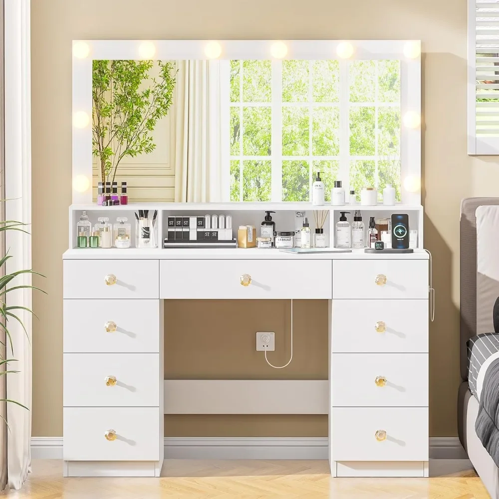 Vanity Desk with Large Mirror and Lights, Super Storage Space Makeup Vanity with 9 Drawers & Power Outlet, Makeup Vanities
Vanity Desk with Large Mirror and Lights, Super Storage Space Makeup Vanity with 9 Drawers & Power Outlet, Makeup Vanities