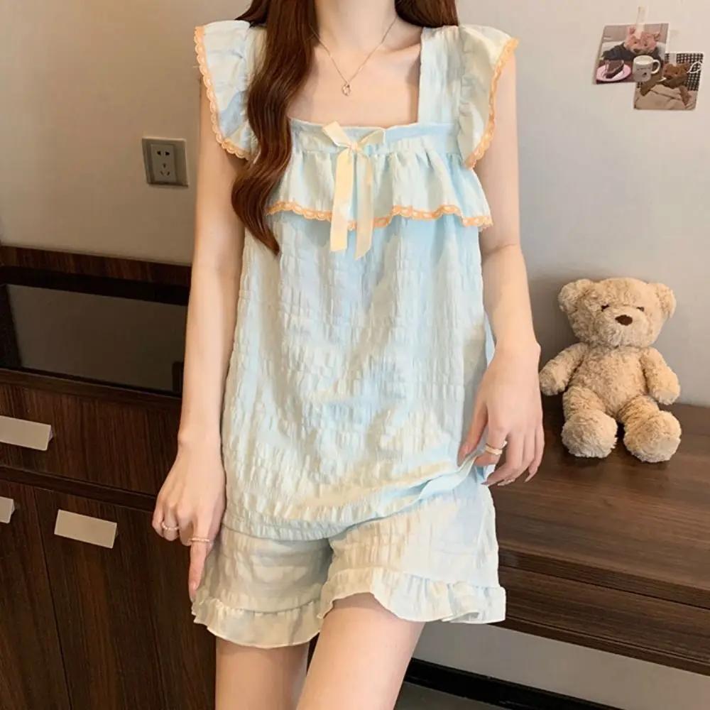 Casual Bowknot Sweet Pajamas Set Ruffle Summer Camisole Shorts Nightdress Loose with Bra Pad Sleeveless Nightwear Summer
Casual Bowknot Sweet Pajamas Set Ruffle Summer Camisole Shorts Nightdress Loose with Bra Pad Sleeveless Nightwear Summer
