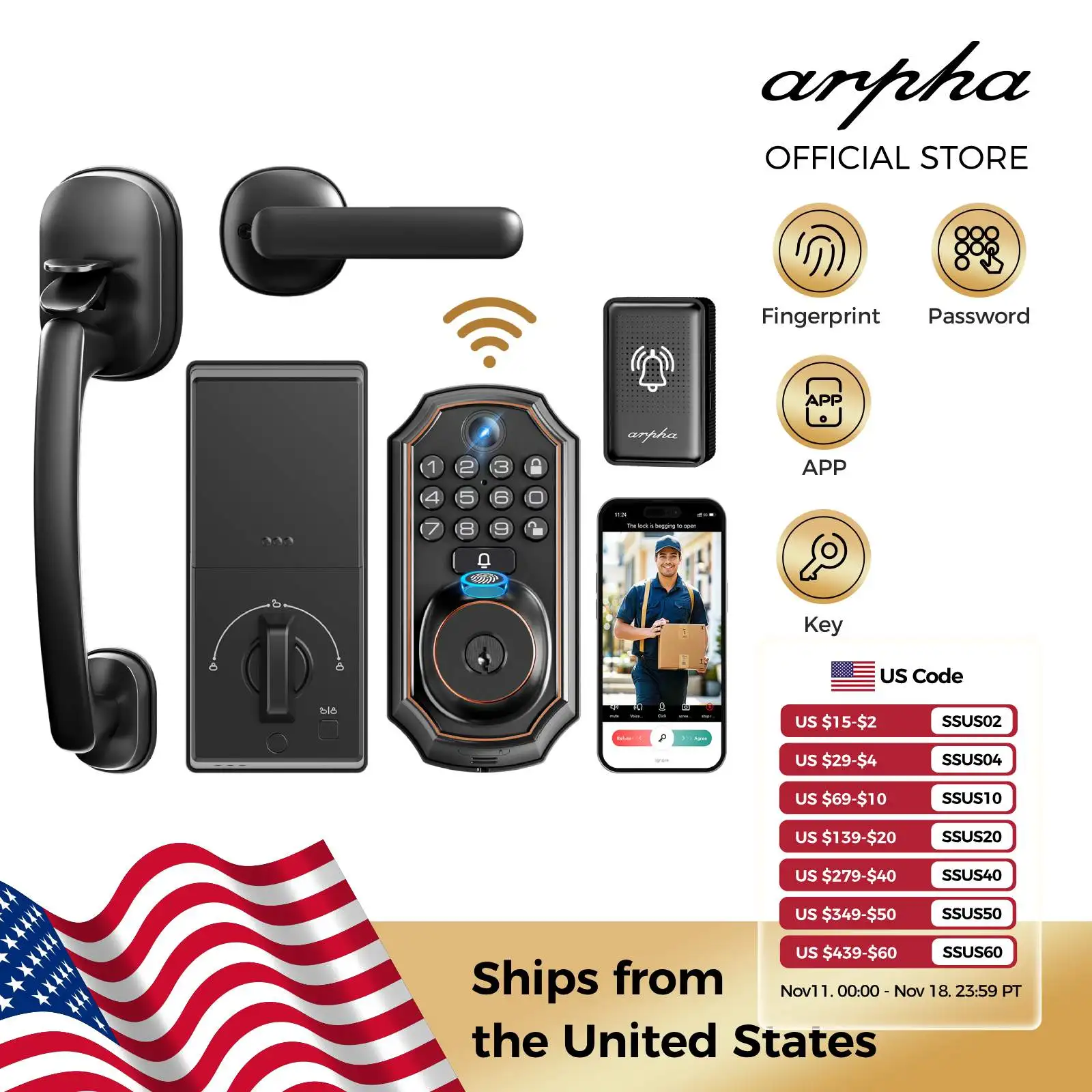 ARPHA Smart Lock D289H Smart WiFi Keyless Door Lock with Camera 5 in 1 Camera Fingerprint Entry App-Controlled Auto-Lock System
ARPHA Smart Lock D289H Smart WiFi Keyless Door Lock with Camera 5 in 1 Camera Fingerprint Entry App-Controlled Auto-Lock System