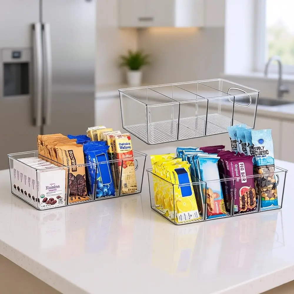 4-Piece Plastic Kitchen Storage Bins with Detachable Dividers for Pantry Organization
4-Piece Plastic Kitchen Storage Bins with Detachable Dividers for Pantry Organization