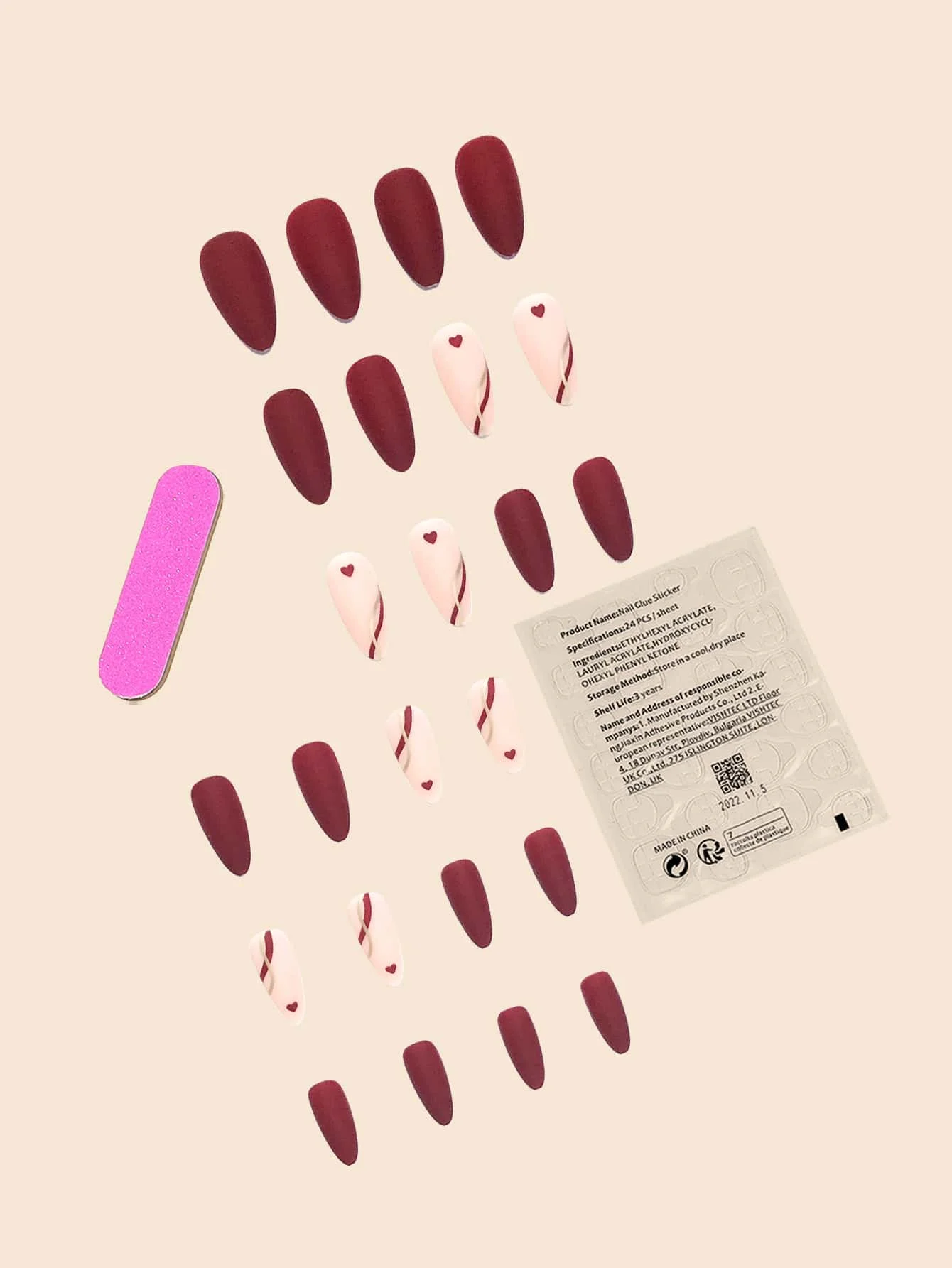 24-Piece Almond Press-On Nail Set With Burgundy Matte Tips, Heart & Swirl Accents, Includes Glue Tabs And File
24-Piece Almond Press-On Nail Set With Burgundy Matte Tips, Heart & Swirl Accents, Includes Glue Tabs And File