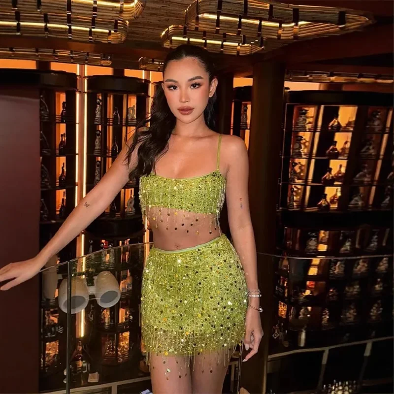 Women Sexy Glitter Tassel Sequins 2 Piece Set Camisole Crop Tops + Bodycon Mini Skirts Night Clubwear Party Suits Y2K Streetwear
Women Sexy Glitter Tassel Sequins 2 Piece Set Camisole Crop Tops + Bodycon Mini Skirts Night Clubwear Party Suits Y2K Streetwear