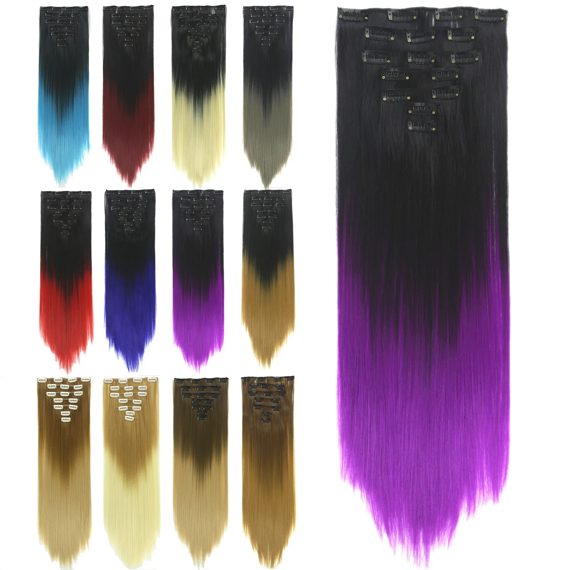60cm Straight Black To Purple Ombre Hair Pieces Synthetic Hair Extensions Clip-in Full Head Rainbow Fake Hair Clips Perruque
60cm Straight Black To Purple Ombre Hair Pieces Synthetic Hair Extensions Clip-in Full Head Rainbow Fake Hair Clips Perruque