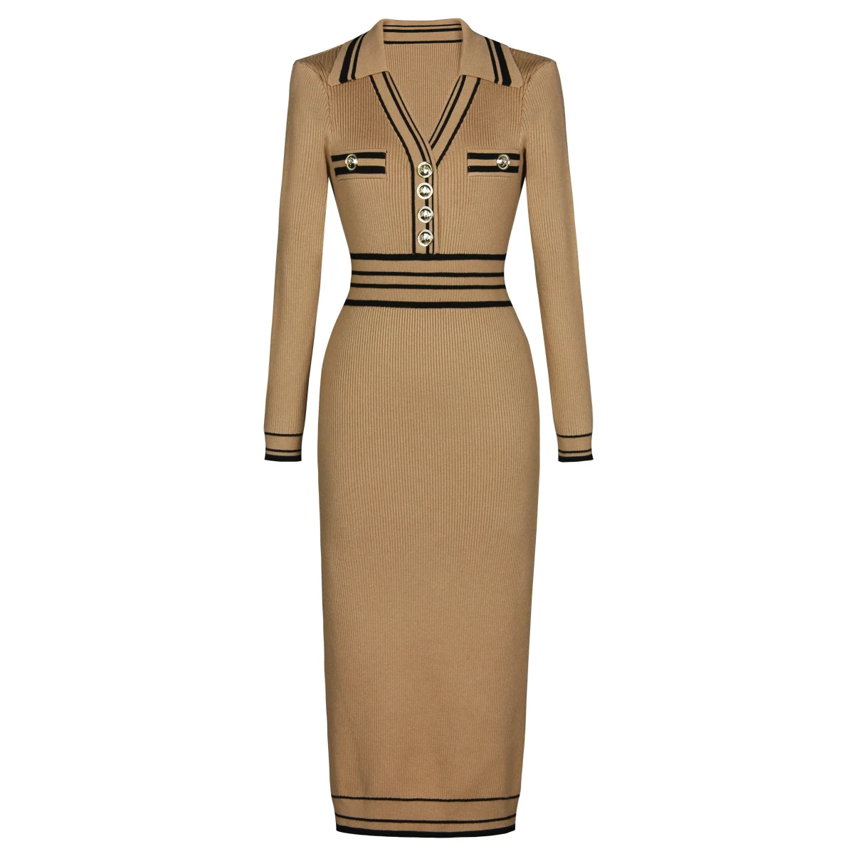 Three Color New Fashionable Elastic Knitted Lapel Striped V-neck Long Sleeved Button Slimming Temperament Commuter Women's Dress
Three Color New Fashionable Elastic Knitted Lapel Striped V-neck Long Sleeved Button Slimming Temperament Commuter Women's Dress