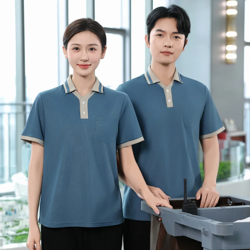 VTwo-button collarTShort-sleeved summer workwear for women in property management, hotel housekeeping, and floor cleaning. Breat
VTwo-button collarTShort-sleeved summer workwear for women in property management, hotel housekeeping, and floor cleaning. Breat