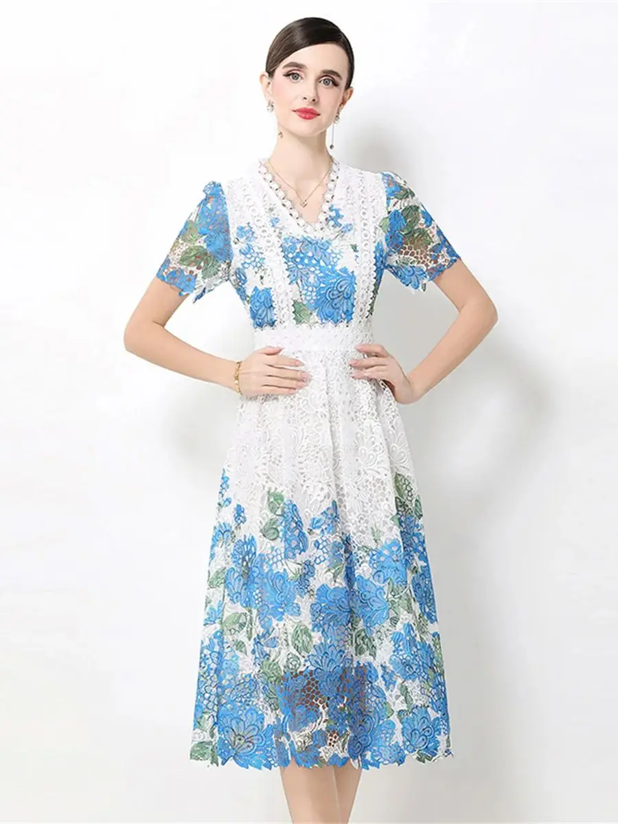 Elegant V-neck Floral Hollow-out Embroidery Lace Dress for Women Summer Stylish Flower Print Short Sleeve Mid Dress
Elegant V-neck Floral Hollow-out Embroidery Lace Dress for Women Summer Stylish Flower Print Short Sleeve Mid Dress