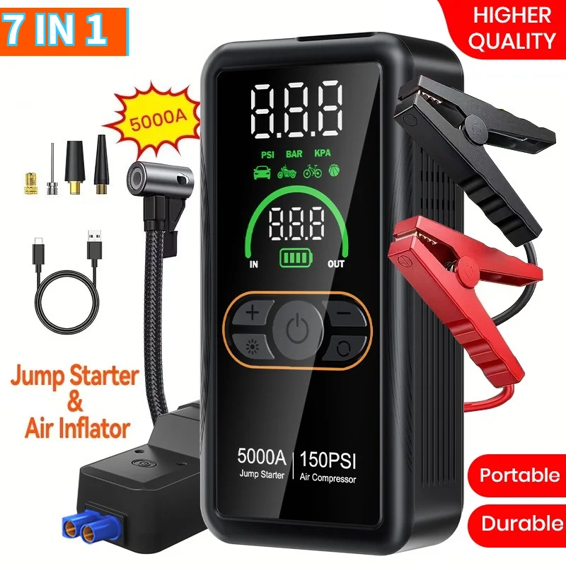 Jump Starter with Air Compressor, 150 PSI Car Air Compressor & 5000A Peak Car Jump Starter with LED Light, Power Bank Function.
Jump Starter with Air Compressor, 150 PSI Car Air Compressor & 5000A Peak Car Jump Starter with LED Light, Power Bank Function.