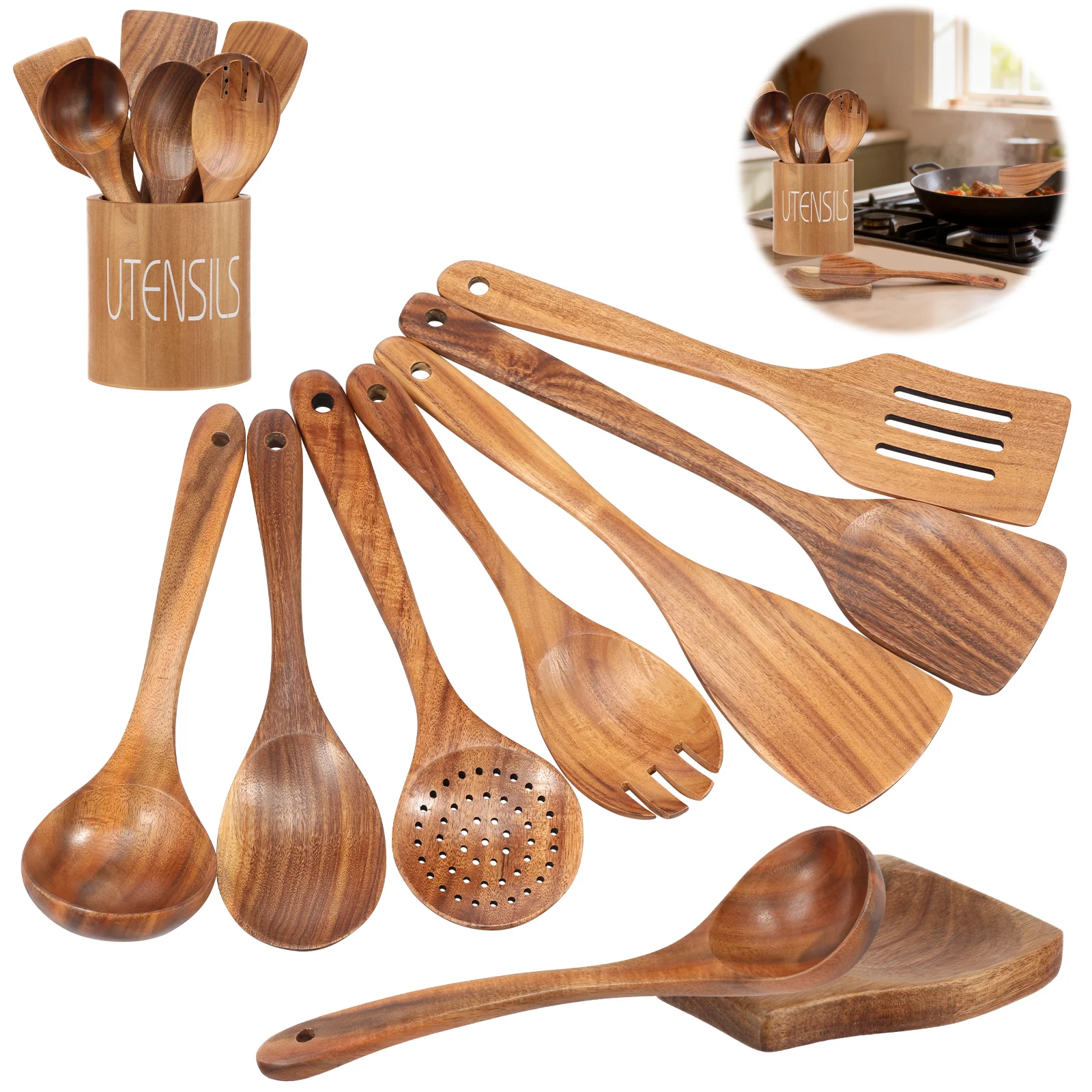 Деревянная ложка для приготовления пищи, 9 шт., деревянная ложка из тикового дерева, набор кухонной утвари, деревянная кухонная посуда, прочная, не царапающая, термостойкая
Деревянная ложка для приготовления пищи, 9 шт., деревянная ложка из тикового дерева, набор кухонной утвари, деревянная кухонная посуда, прочная, не царапающая, термостойкая