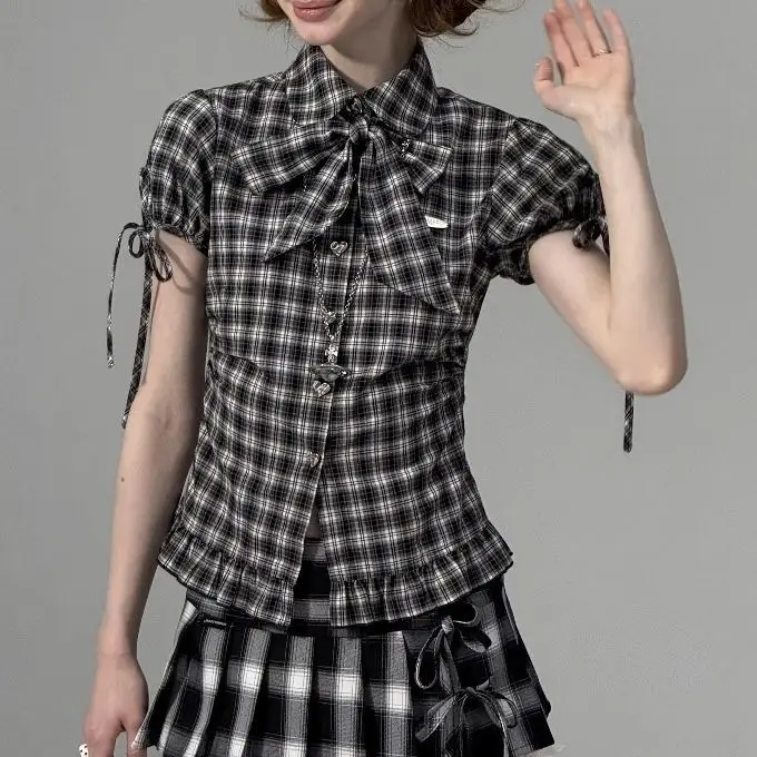 Onalippa Summer Slim Fit Slimming Design Sense Niche Top Doll Collar Bow Black White Checkered Short Sleeved Shirt Explosive
Onalippa Summer Slim Fit Slimming Design Sense Niche Top Doll Collar Bow Black White Checkered Short Sleeved Shirt Explosive