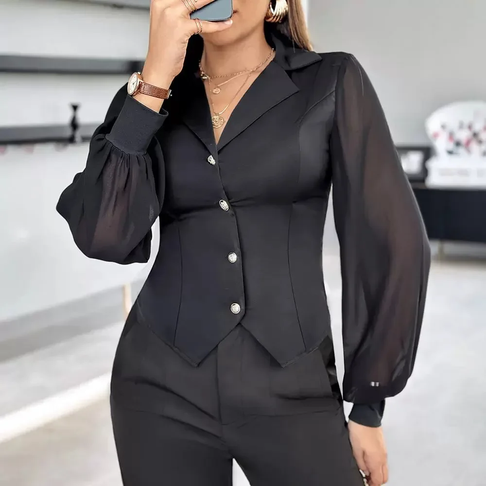 Прозрачная сетчатая блузка с зубчатым воротником и нашивкой на пуговицах, женские однотонные рубашки, топы
Прозрачная сетчатая блузка с зубчатым воротником и нашивкой на пуговицах, женские однотонные рубашки, топы