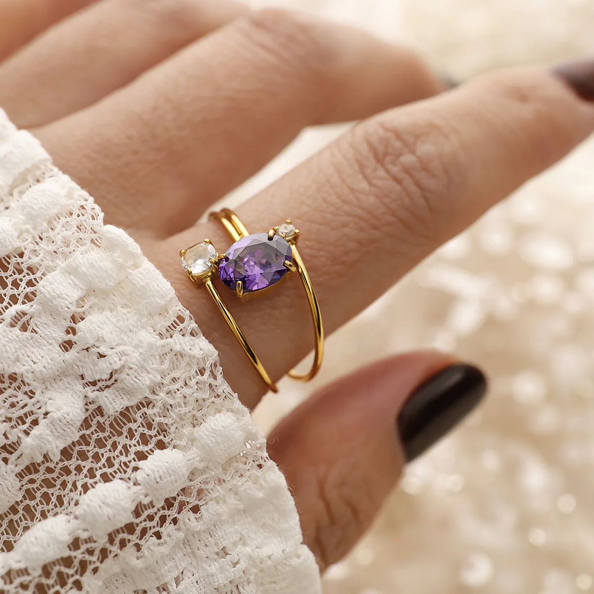 Elegant Jewelry 18K Gold Plated Stainless Steel Adjustable Stack Designed Cubic Zirconia Amethyst Purple Ring for Women
Elegant Jewelry 18K Gold Plated Stainless Steel Adjustable Stack Designed Cubic Zirconia Amethyst Purple Ring for Women