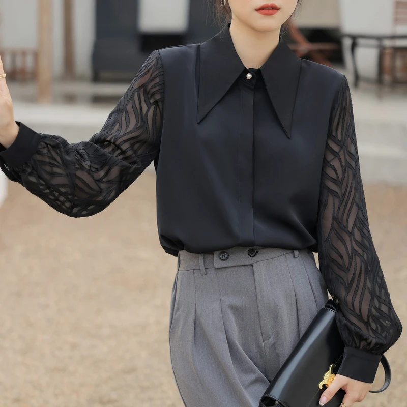 Chic Fashion Polo Patchwork Blouse Women Long Sleeve Spring Autumn See Through Tops White Black Shirts
Chic Fashion Polo Patchwork Blouse Women Long Sleeve Spring Autumn See Through Tops White Black Shirts
