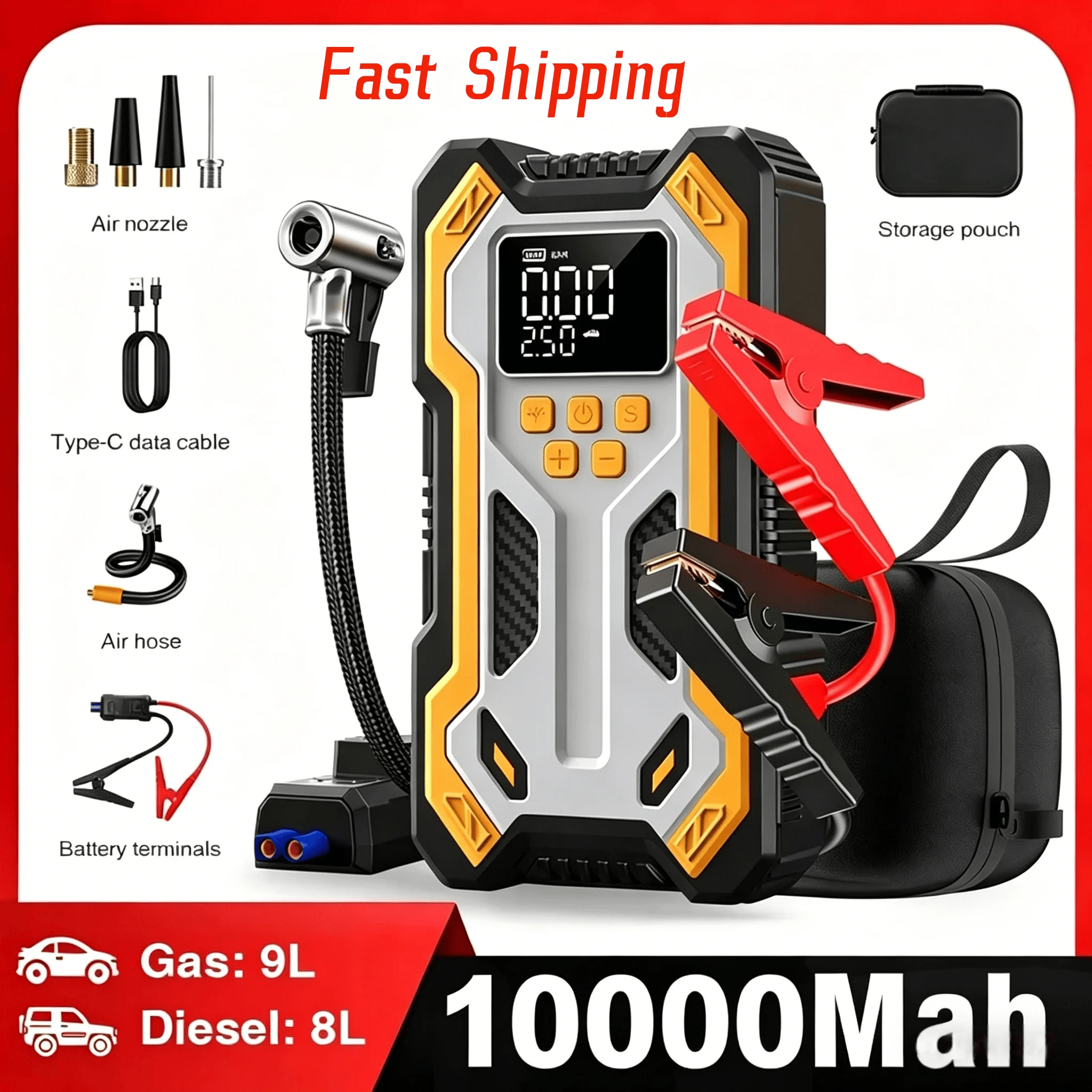 Portable Car Battery Booster Jump Starter with Air Compressor 7000A (9.0 Gas/6.5L Diesel)with 160PSI Auto-Shutoff Tire Inflator
Portable Car Battery Booster Jump Starter with Air Compressor 7000A (9.0 Gas/6.5L Diesel)with 160PSI Auto-Shutoff Tire Inflator
