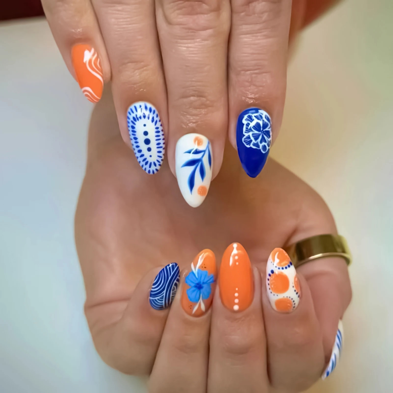24Pcs Summer Orange Fake Nails with Blue Flowers - Medium Almond Press on Nails - Floral Acrylic Full Cover False Nail for Women
24Pcs Summer Orange Fake Nails with Blue Flowers - Medium Almond Press on Nails - Floral Acrylic Full Cover False Nail for Women