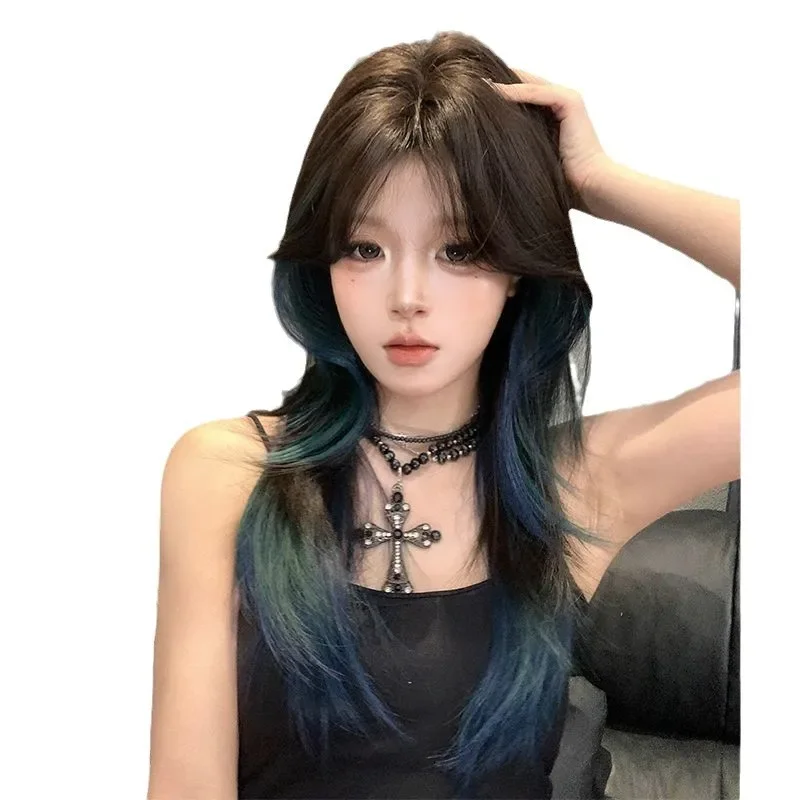 Wig female high-level medium and long hair seaweed green gradual change highlights full head cover eight-character bangs sweet 
Wig female high-level medium and long hair seaweed green gradual change highlights full head cover eight-character bangs sweet