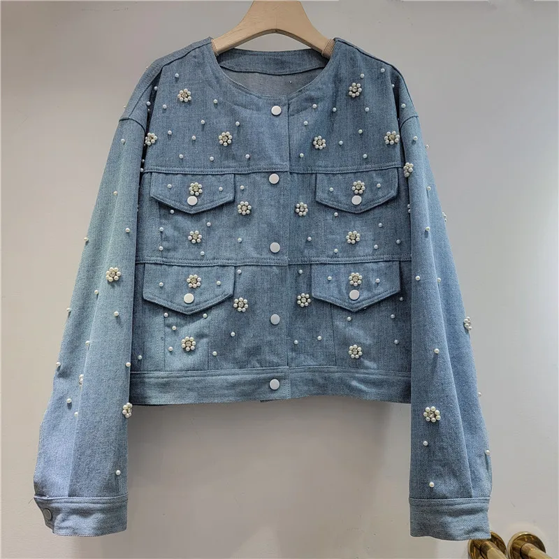 Spring Autumn New Pearl Beading Blue Short Denim Jacket Round Neck Single-Breasted Long Sleeve Jeans Jacket Female Basic Coat
Spring Autumn New Pearl Beading Blue Short Denim Jacket Round Neck Single-Breasted Long Sleeve Jeans Jacket Female Basic Coat