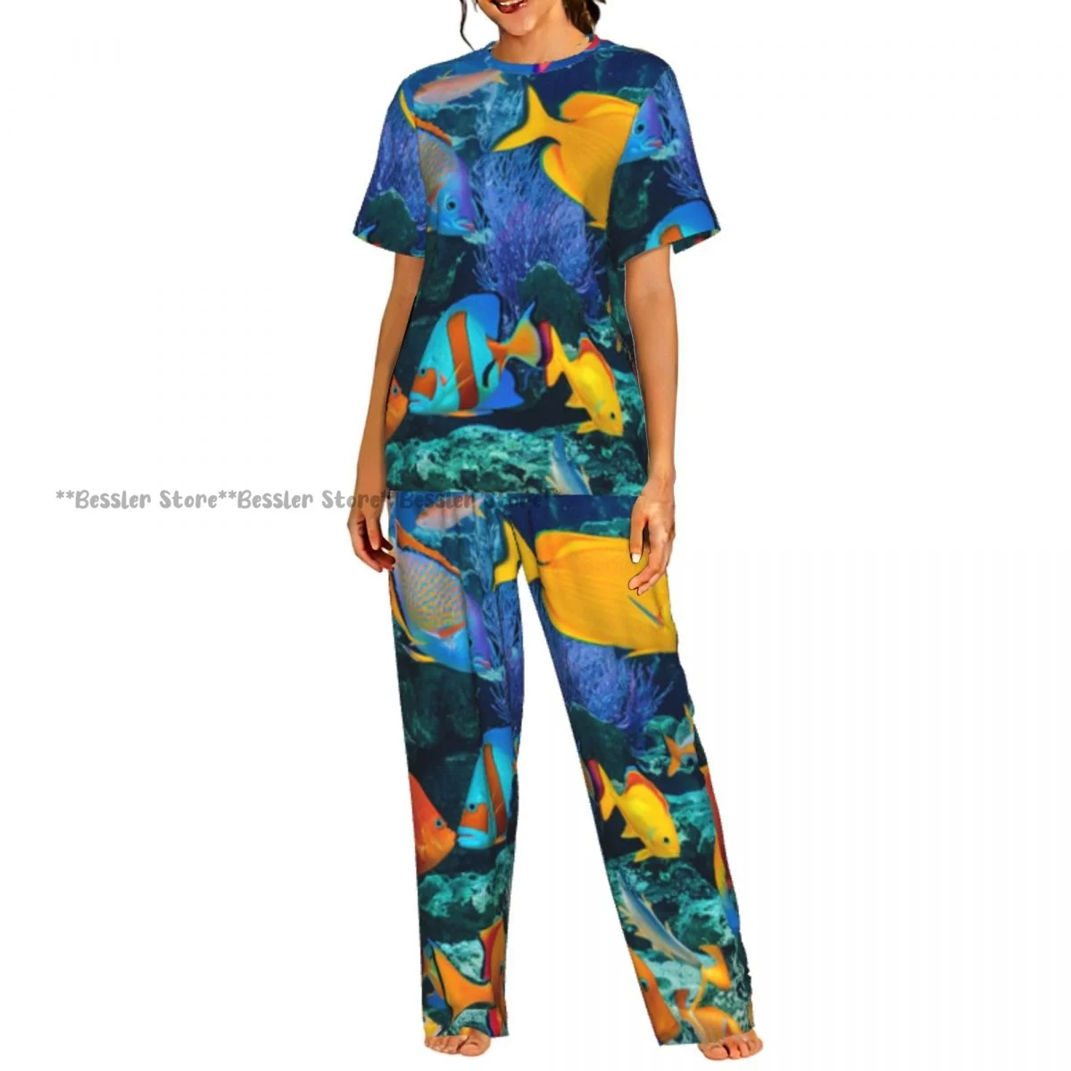Women's 2-piece set Aquatic Underwater Colorful Tropical Fish Pajamas Short sleeved Top and Pants Sleepwear
Women's 2-piece set Aquatic Underwater Colorful Tropical Fish Pajamas Short sleeved Top and Pants Sleepwear