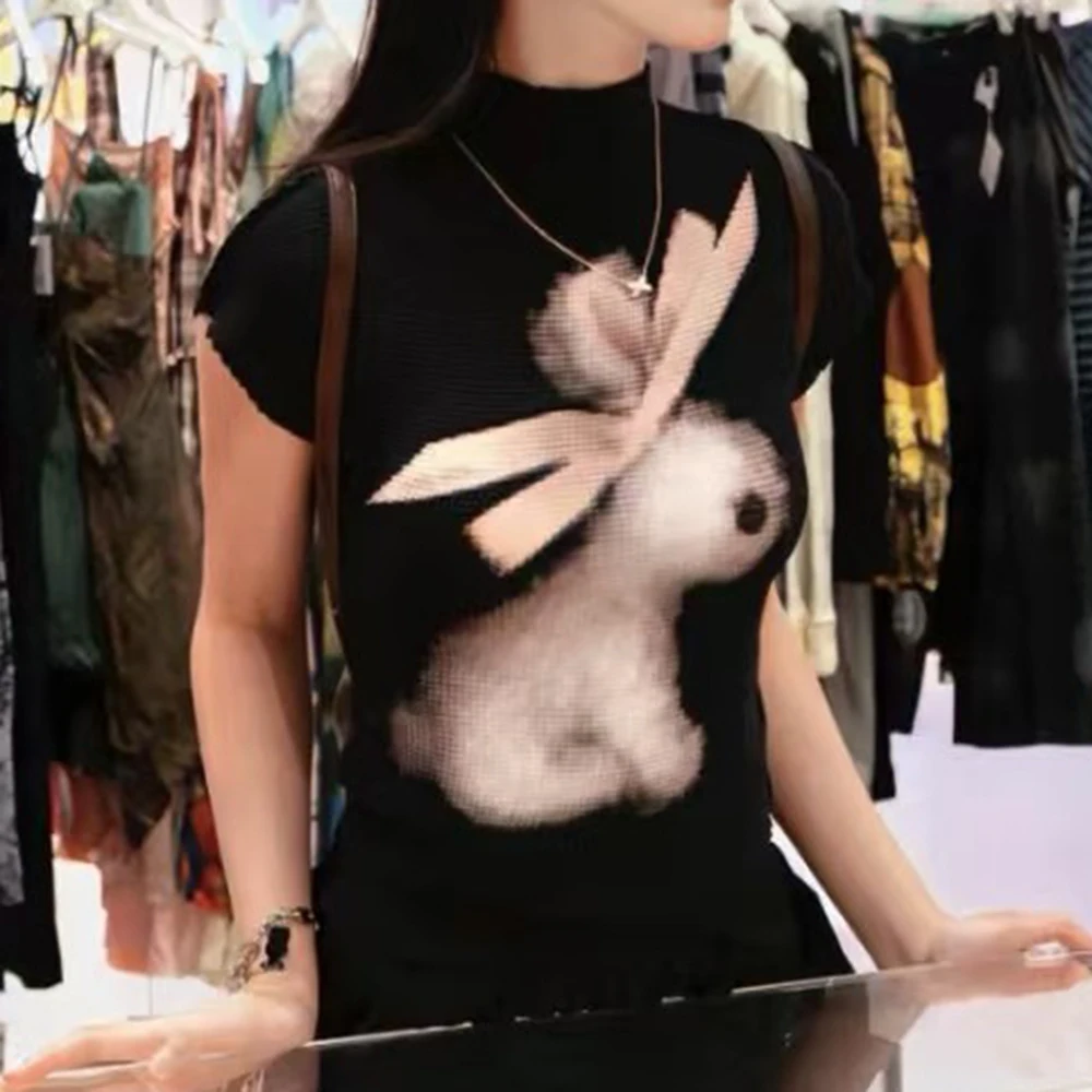 Sweet cool black fun bow rabbit pleated shirt women's summer semi-turtleneck slim-fit elastic short-sleeved top
Sweet cool black fun bow rabbit pleated shirt women's summer semi-turtleneck slim-fit elastic short-sleeved top