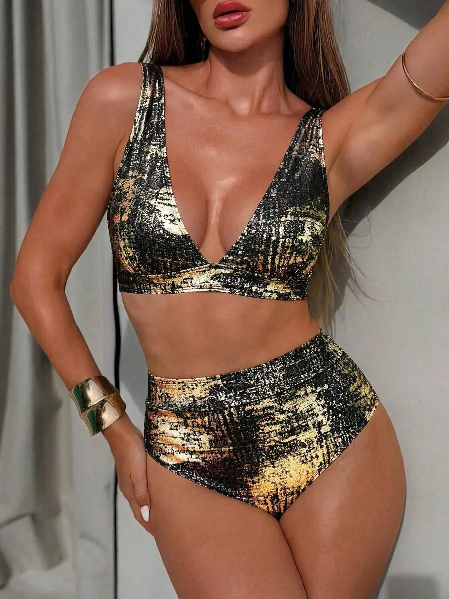 Deep V-Neck Adjustable Strap High Waist Bikini Set With Foil Print Pattern
Deep V-Neck Adjustable Strap High Waist Bikini Set With Foil Print Pattern