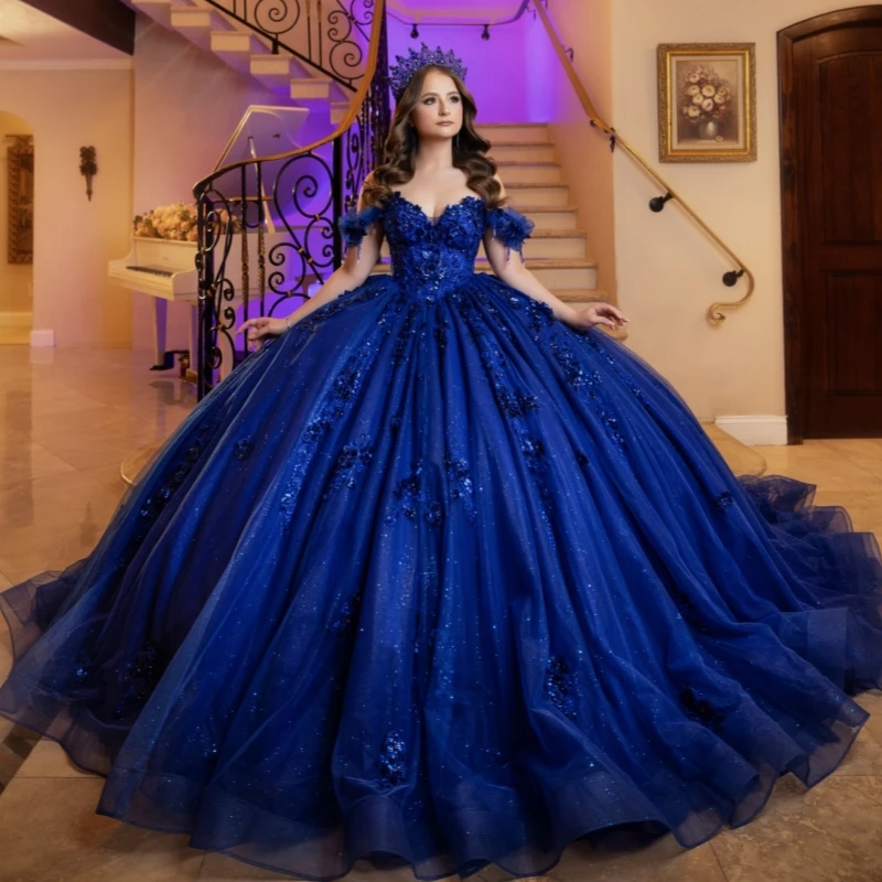 Navy Blue Shiny Ball Gown Quinceanera Dresses 2026 Applique Flower Beading Crystal Bow Tull Off Shoulder Sweet 16 Dress Years
Navy Blue Shiny Ball Gown Quinceanera Dresses 2026 Applique Flower Beading Crystal Bow Tull Off Shoulder Sweet 16 Dress Years