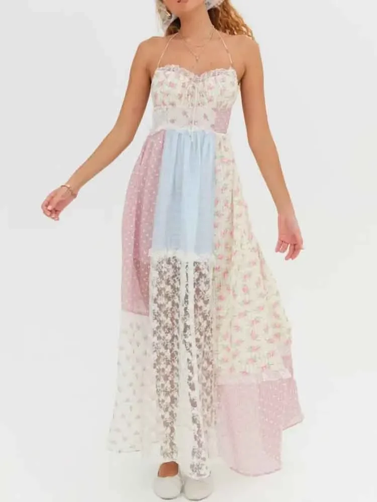 European style new women's fashion versatile temperament simple halter neck floral lace splicing dress
European style new women's fashion versatile temperament simple halter neck floral lace splicing dress