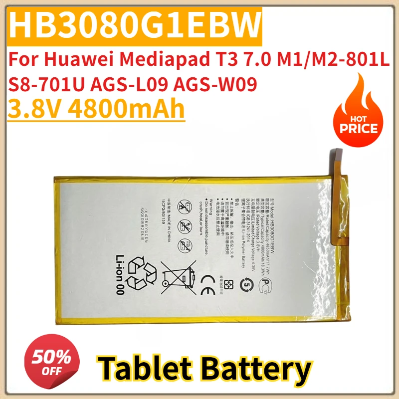 Новый сменный аккумулятор для планшета 3,8 В 4800 мАч HB3080G1EBW для Huawei Mediapad T3 7,0 M1/M2-801L S8-701U AGS-L09 AGS-W09
Новый сменный аккумулятор для планшета 3,8 В 4800 мАч HB3080G1EBW для Huawei Mediapad T3 7,0 M1/M2-801L S8-701U AGS-L09 AGS-W09