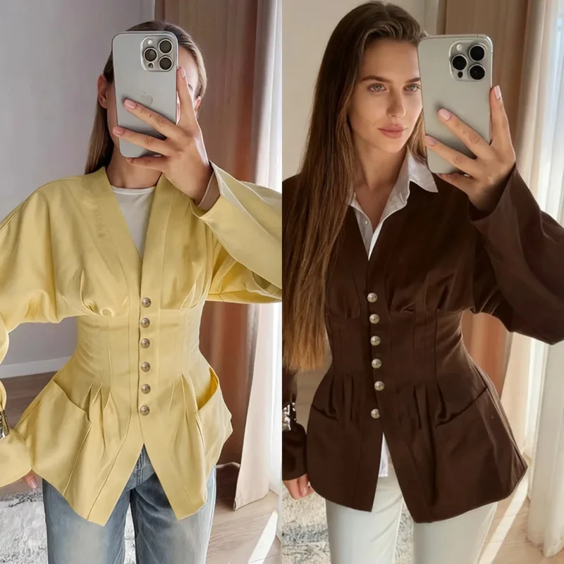 Women's Fashion V-neck Shirt Brown Long Sleeve With Waist CinchFor Spring Elegant Office Wear Perfect For Casual Daily Outings
Women's Fashion V-neck Shirt Brown Long Sleeve With Waist CinchFor Spring Elegant Office Wear Perfect For Casual Daily Outings