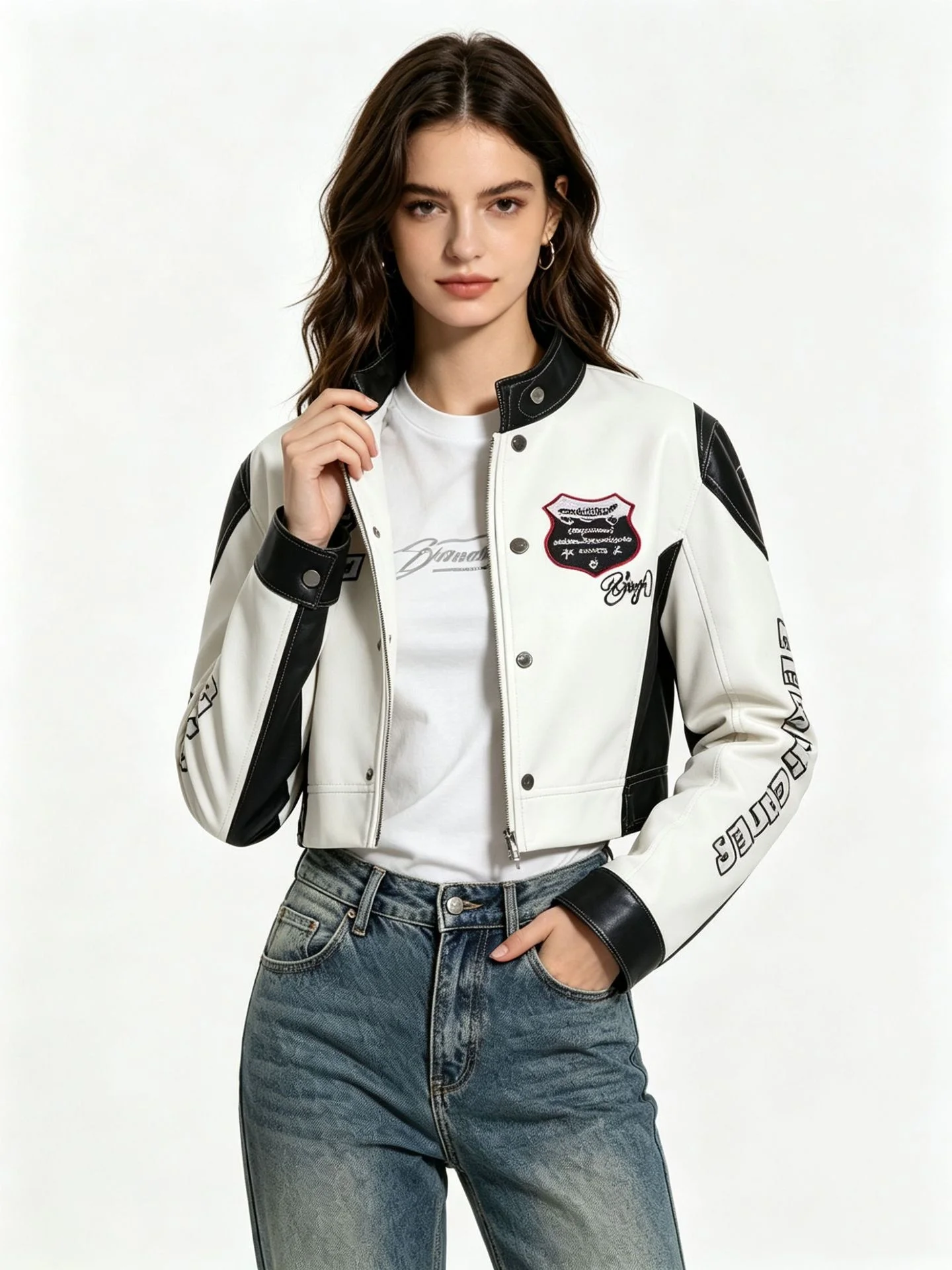 Women's White PU Leather Embroidered Motorcycle Trendy Leather Jacket Jazz Dance Clothing Cool Handsome Ladies' Biker Outfit
Women's White PU Leather Embroidered Motorcycle Trendy Leather Jacket Jazz Dance Clothing Cool Handsome Ladies' Biker Outfit
