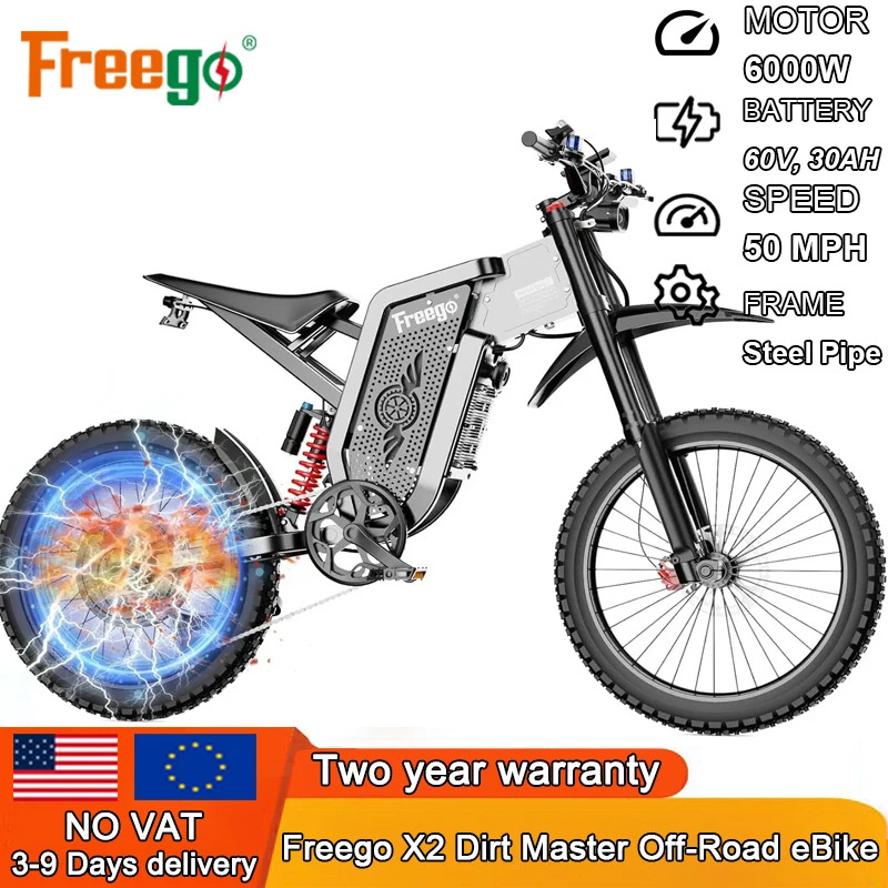 ebike Freego X2 Electric Motorcycles Brushless Gearless Motors 6000W 60V/30Ah Lithium Battery 50MPH Adult Off Road MTB Ebike
ebike Freego X2 Electric Motorcycles Brushless Gearless Motors 6000W 60V/30Ah Lithium Battery 50MPH Adult Off Road MTB Ebike