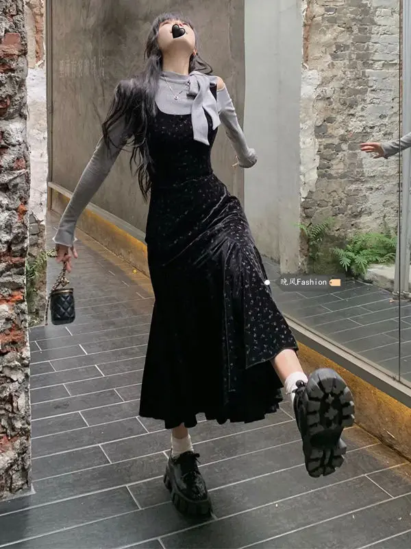 Sweet Floral Printed Black Dress Set Long Sleeve Bow Tie Base Shirt Slimming A-line Long Dress Two Piece Set Women Outfitsns
Sweet Floral Printed Black Dress Set Long Sleeve Bow Tie Base Shirt Slimming A-line Long Dress Two Piece Set Women Outfitsns