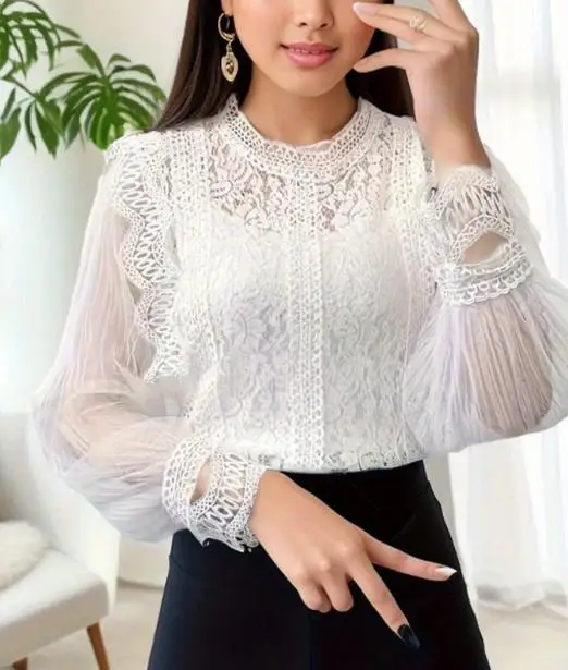 Women's Shirt New Fashion 2025 Casual Elegant Sexy Solid Color Mesh Long Sleeve Bubble Sleeve Round Neck Top Women's Lace Shirt
Women's Shirt New Fashion 2025 Casual Elegant Sexy Solid Color Mesh Long Sleeve Bubble Sleeve Round Neck Top Women's Lace Shirt