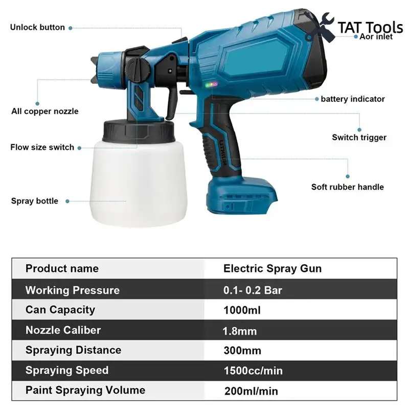 1000Ml Electric Paint Sprayer Gun 4 Nozzle Sizes HVLP Household Paint Sprayer Flow Control Easy Spraying For 18V Battery
1000Ml Electric Paint Sprayer Gun 4 Nozzle Sizes HVLP Household Paint Sprayer Flow Control Easy Spraying For 18V Battery