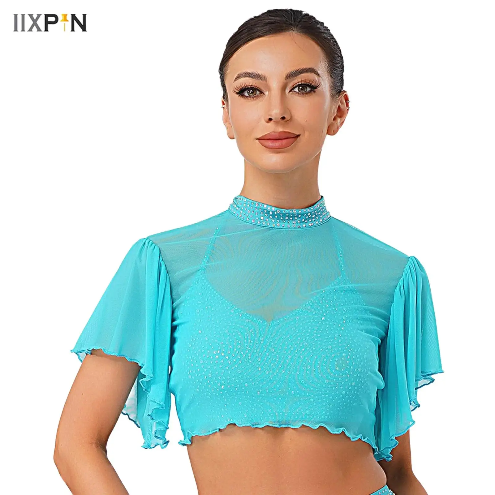 Women's Lyrical Dance Cover Up Top Cardigan Rhinestone Mock Neck Short Sleeve Open Back Sheer Mesh Crop for Ballet Modern Dance
Women's Lyrical Dance Cover Up Top Cardigan Rhinestone Mock Neck Short Sleeve Open Back Sheer Mesh Crop for Ballet Modern Dance